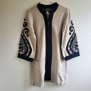 Bob Mackie Zipper Cardigan Cream/Black Art To Wear Embroidered Minimalist Layer